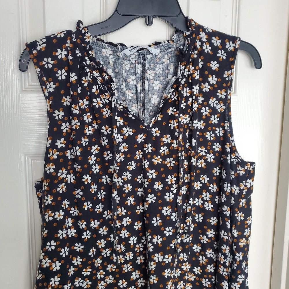 Black Floral Linen Blend‎ Sleeveless Tiered Shift Dress Pockets Casual Boho L